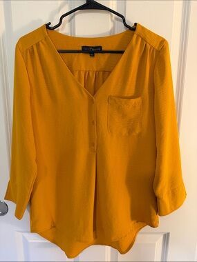 Fred David Mustard V-Neck Button Front Blouse